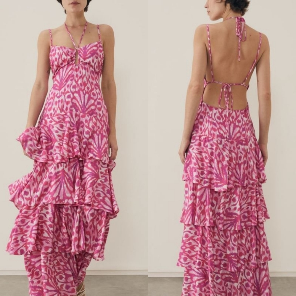 AMARO Printed Tiered Pink Maxi Dress S.